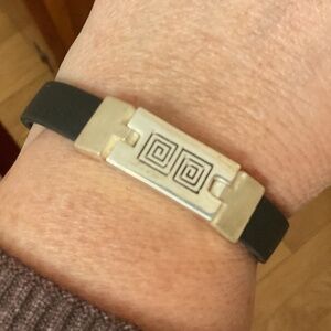 NWOT Sterling Silver 925 Greek Key Design Black Silicone Strap Unisex Bracelet